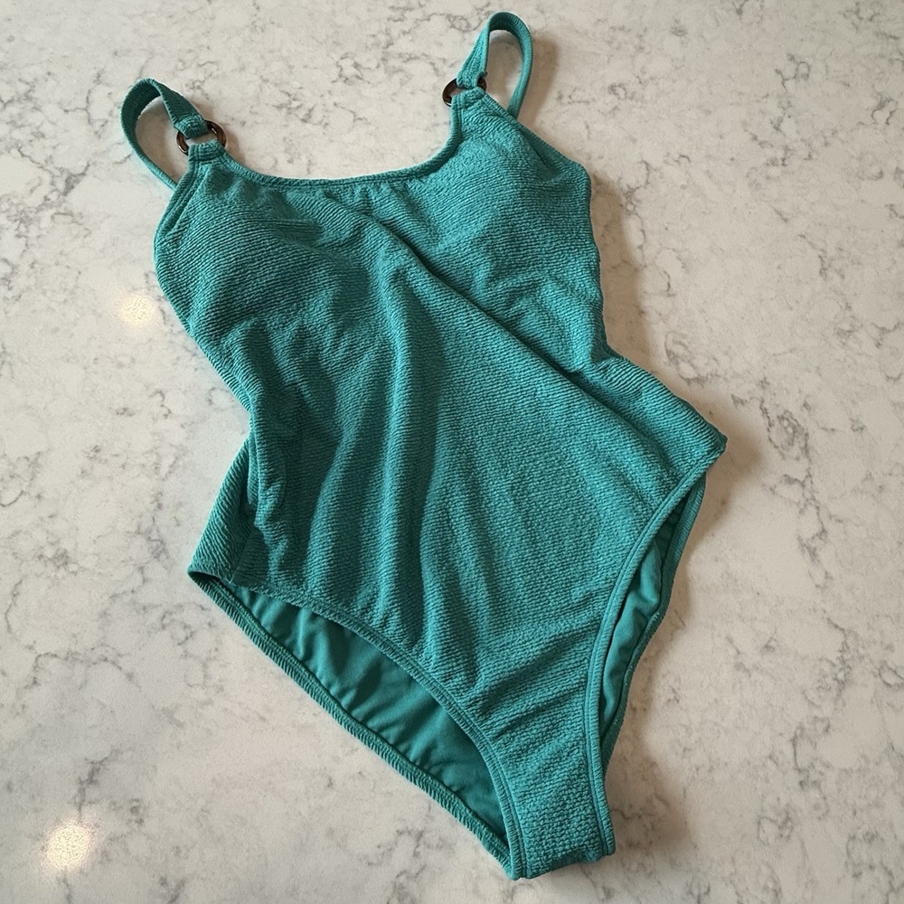Shade & Shore Womens M 8-10 Teal High Leg Crinkle Textured One Piece Swimsuit